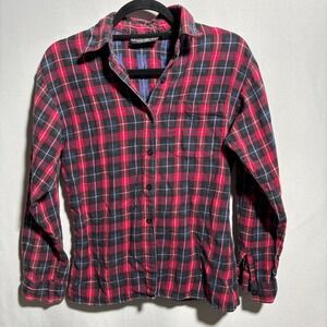 Vintage Red Plaid Button‎ Up Top Cotton Womens S Long Sleeve Flannel Shirt VTG